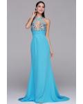 One Sleeveless Halter Neck Long Sheath Blue Chiffon Prom Dress 