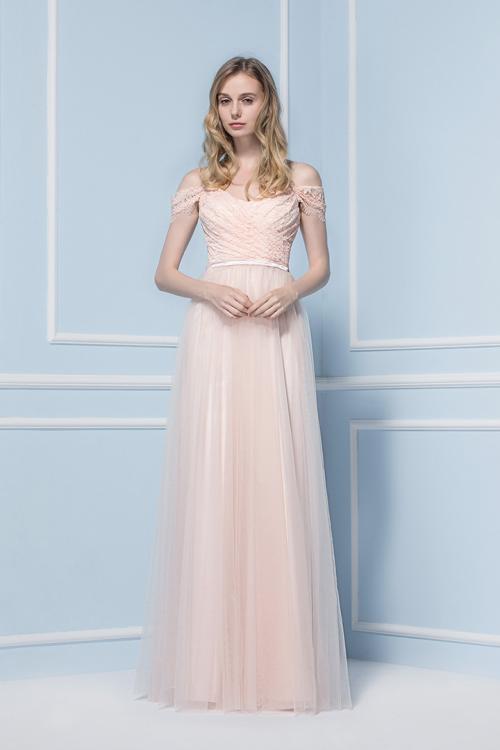 Off the Shoulder Blush Lace Bodice Tulle Bridesmaid Dress with Ribbon 