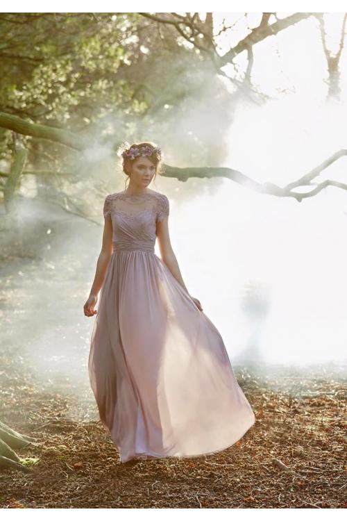 Vintage Short Sleeve Illusion Neck Long Chiffon Bridesmaid Dress 