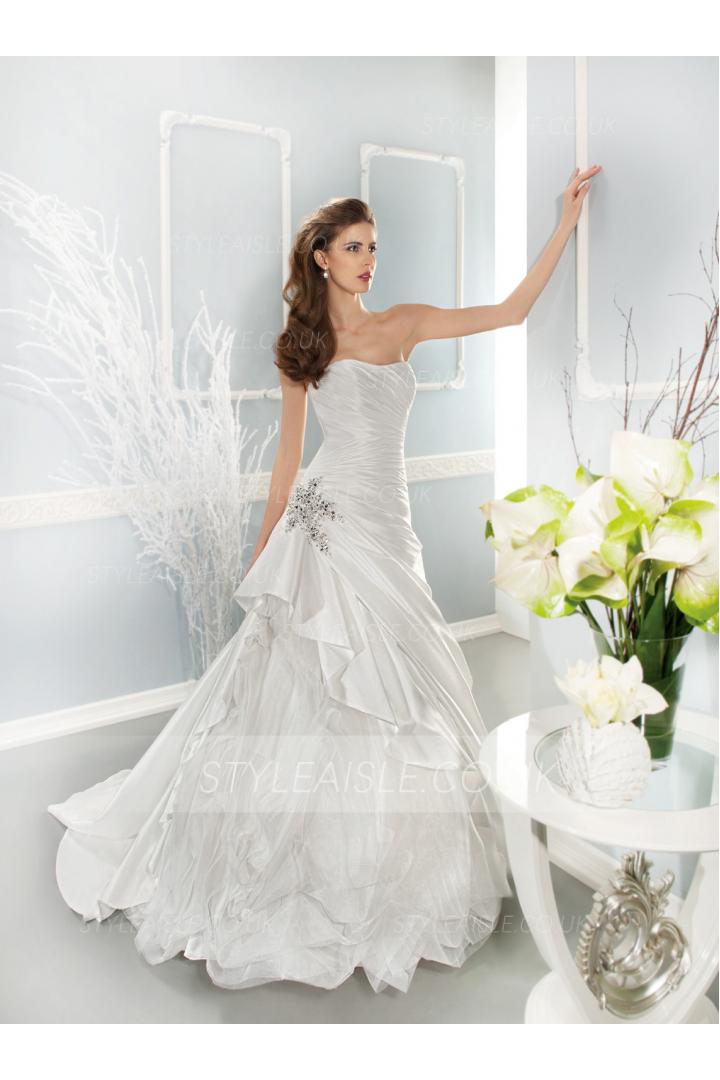 Simple A-line Strapless Beading&Crystal Sweep/Brush Train Satin Wedding Dresses