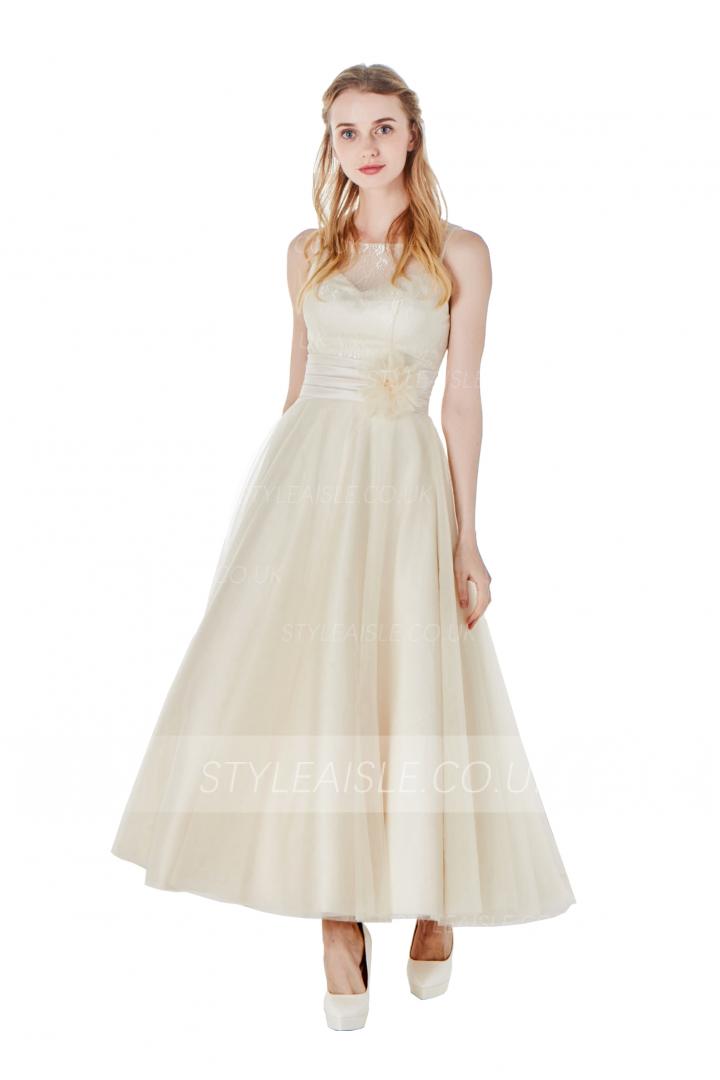Tea Length Lace Top Bateau Neck A-line Blush Tulle Bridesmaid Dress