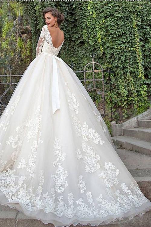 Illusion Off Shoulder Lace Bodice Ball Gown 3/4 Sleeves Sweep Train Wedding Dress with Sash 