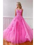  Elegant A-line Sleeveless Lace Appliques Floor-length Long Tulle Prom Dress