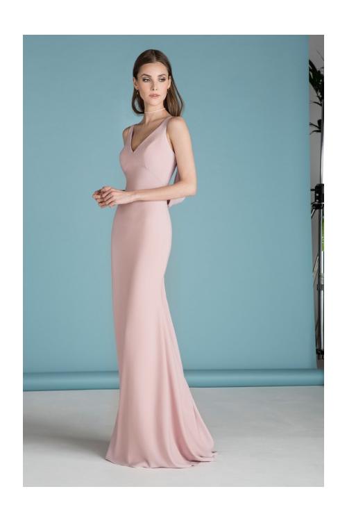 Chic V Neck Sheath Long Blush Chiffon Bridesmaid Dress