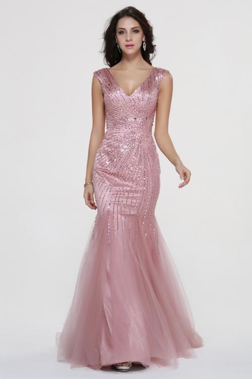 Sparkling Beaded Shoulder Straps Beading A-line Rose Pink Tulle Prom Dress 