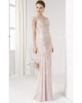 V Neck Cap Sleeved Embroidered Lace ColumnPink Tulle Prom Dress 