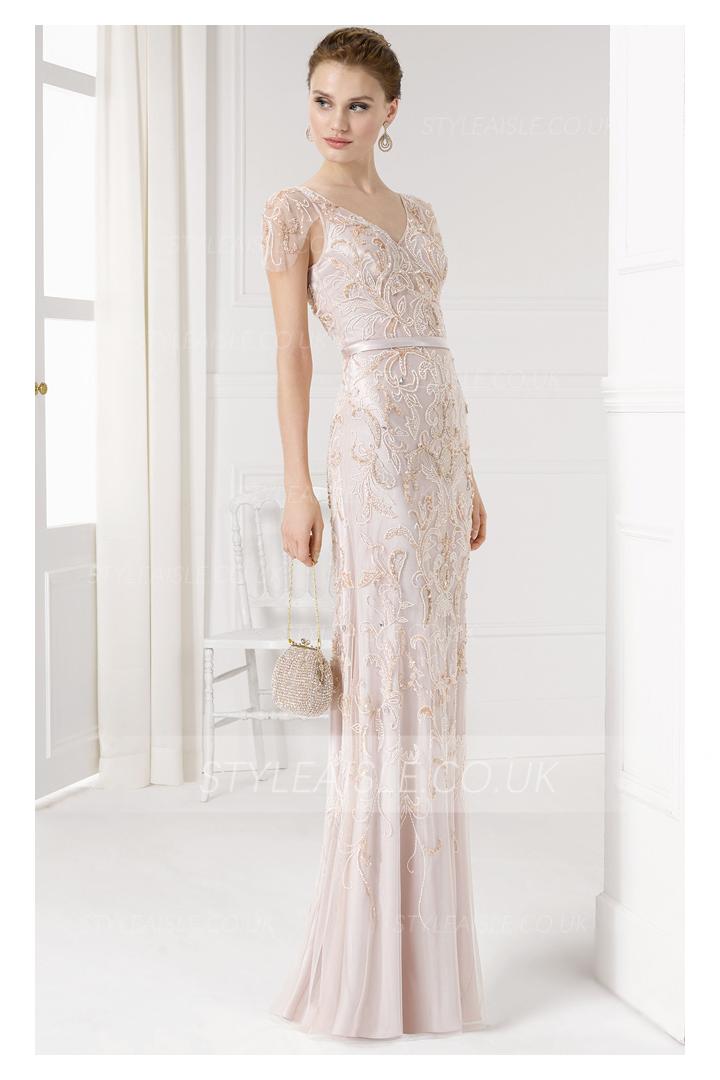 V Neck Cap Sleeved Embroidered Lace ColumnPink Tulle Prom Dress 