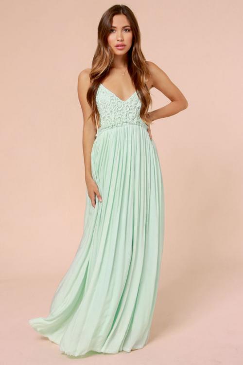 Backless Lace Bodice Spaghetti Straps Long Chifon Bridesmaid Dress 