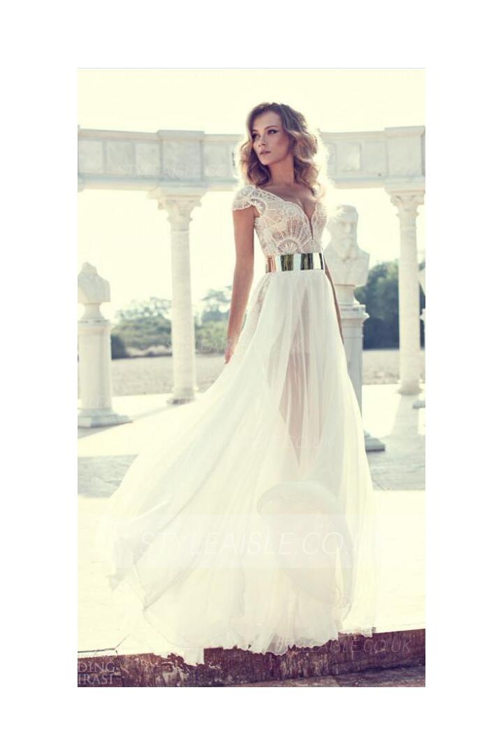 Luxious Beaded Cap Sleeved A-line White Beach Style Long Chiffon Prom Dress 