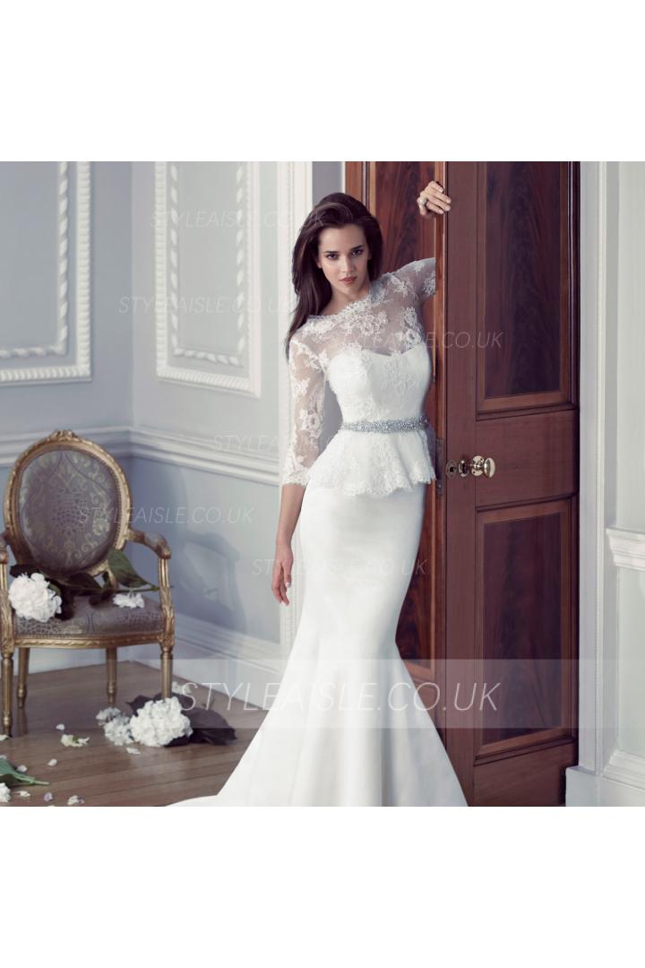 3/4 Sleeve Trumpet Satin Wedding Dress with Crystal Ribbon 