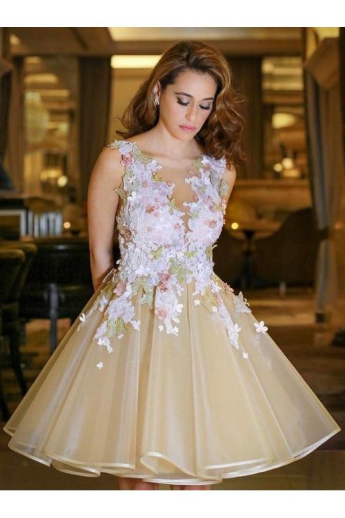 Vintage Floral Lace A-line Knee Length Short Champagne Organza Short Prom Dress