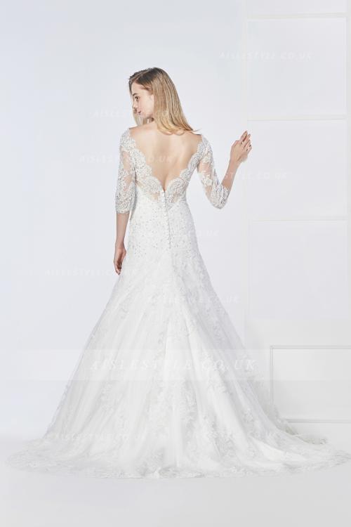 Vintage Sequins Inspired A-line Lace overlay Tulle Ivory Wedding Dress with 3/4 Long Sleeves