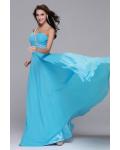 Sleeveless One Shoulder Beading Long Blue Chiffon Prom Dress 