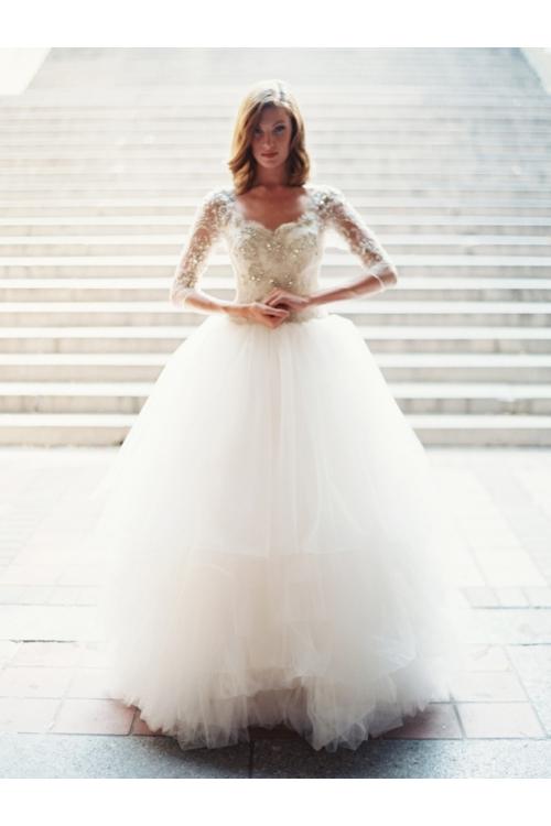 3/4 Sleeve Beaded Bodice Ball Gown Tulle Wedding Dress 