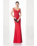 Illusion V Neck Red Chiffon Long Sheath Cap Sleeves Prom Dress Evening