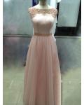 Bateau Illusion Neck Long A-line Blush Tulle Prom Dress 