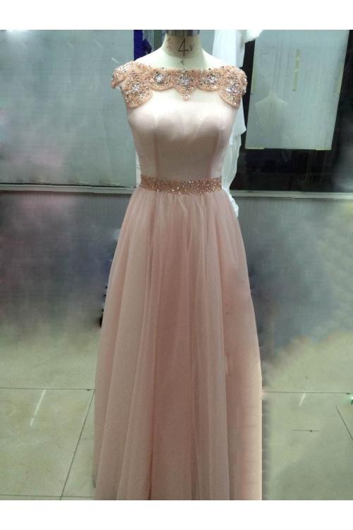 Bateau Illusion Neck Long A-line Blush Tulle Prom Dress 