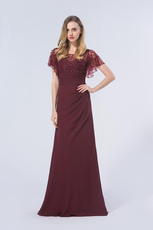 Seauin Beaded Scoop Neck Sheath Burgundy Chiffon Long Bridesmaid Dress 