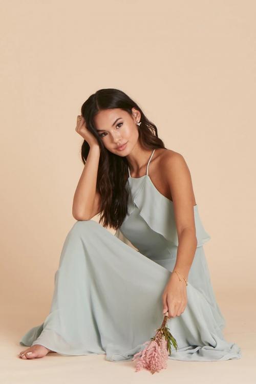  A-line Spaghetti Straps Sleeveless Ruffles Top Floor-length Long Chiffon Bridesmaid Dress with Pockets 