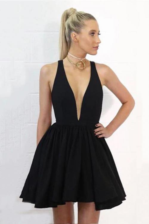  A-line Deep V-neck Sleeveless Mini Short Satin Cocktail Dress Sexy Little Black Dresses