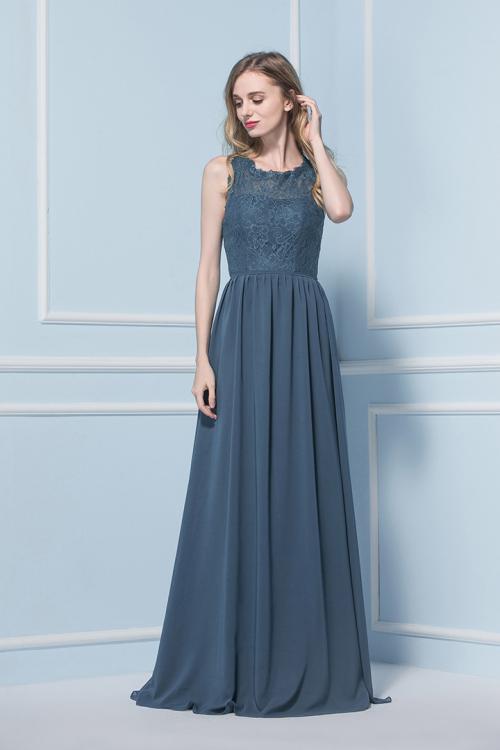 Illusion Neck Lace Bodice A-line Long Chiffon Bridesmaid Dress 