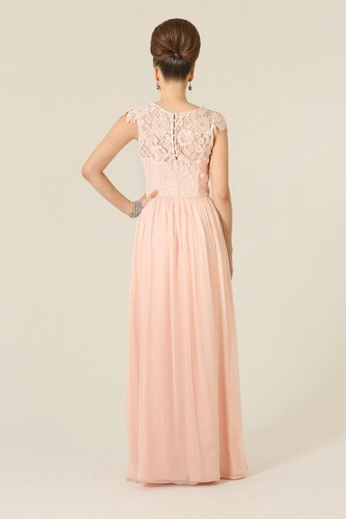 Illusion Bateau Neck Column Lace Bodice Long Chiffon Bridesmaid Dress 