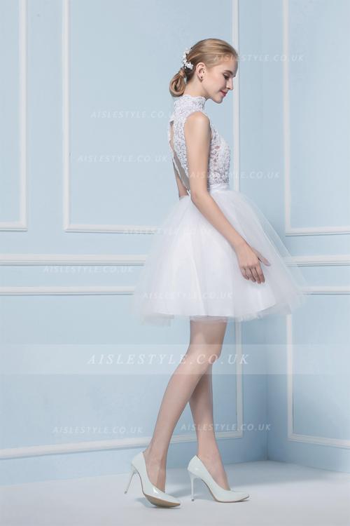 Sexy A-line High Neck Sleeveless Lace Short Wedding Dresses