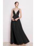  A-line Deep V-neck Sleeveless Empire Waist Lace Floor-length Long Tulle Prom Dresses with 2 Sashes