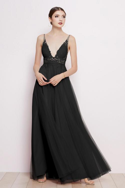  A-line Deep V-neck Sleeveless Empire Waist Lace Floor-length Long Tulle Prom Dresses with 2 Sashes