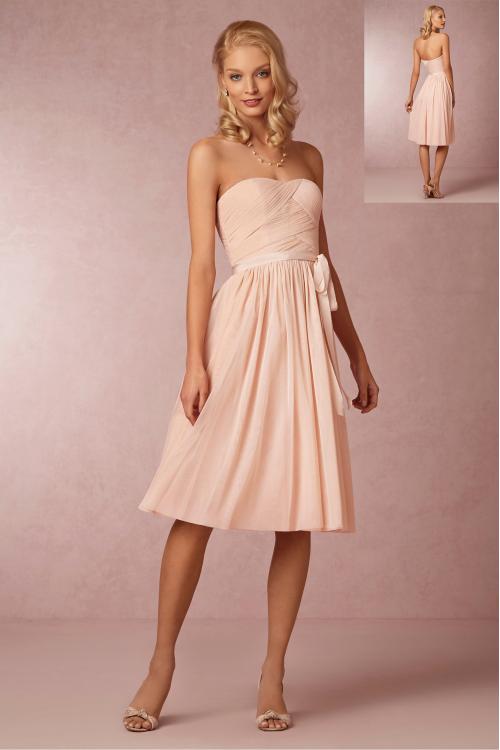 Vinatge Strapless Pleated Bodice Knee Length Chiffon Bridesmaid Dress with Sash 