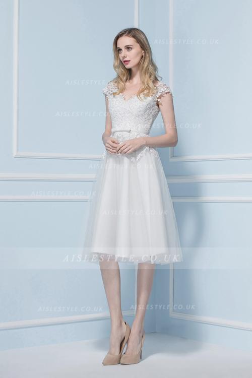 V Neck Lace Bodice Tea Length A-line Lace Bodice Short Tulle Wedding Dress with Sequinned Back 