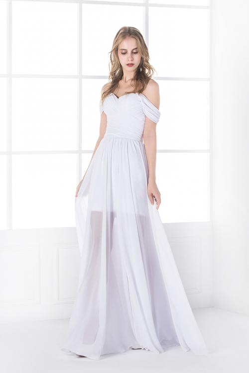  A-line Shoulder Straps Pleated Long Chiffon Prom Dress