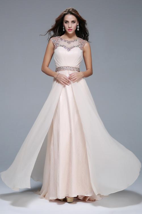 Beading Illusion Neck Full Back Beading A-line Long Chiffon Prom Dress 