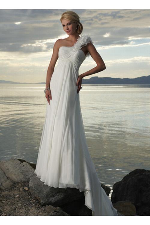 Sleeveless One Shoulder Long Chiffon Wedding Dress with Hand Made Flowers 