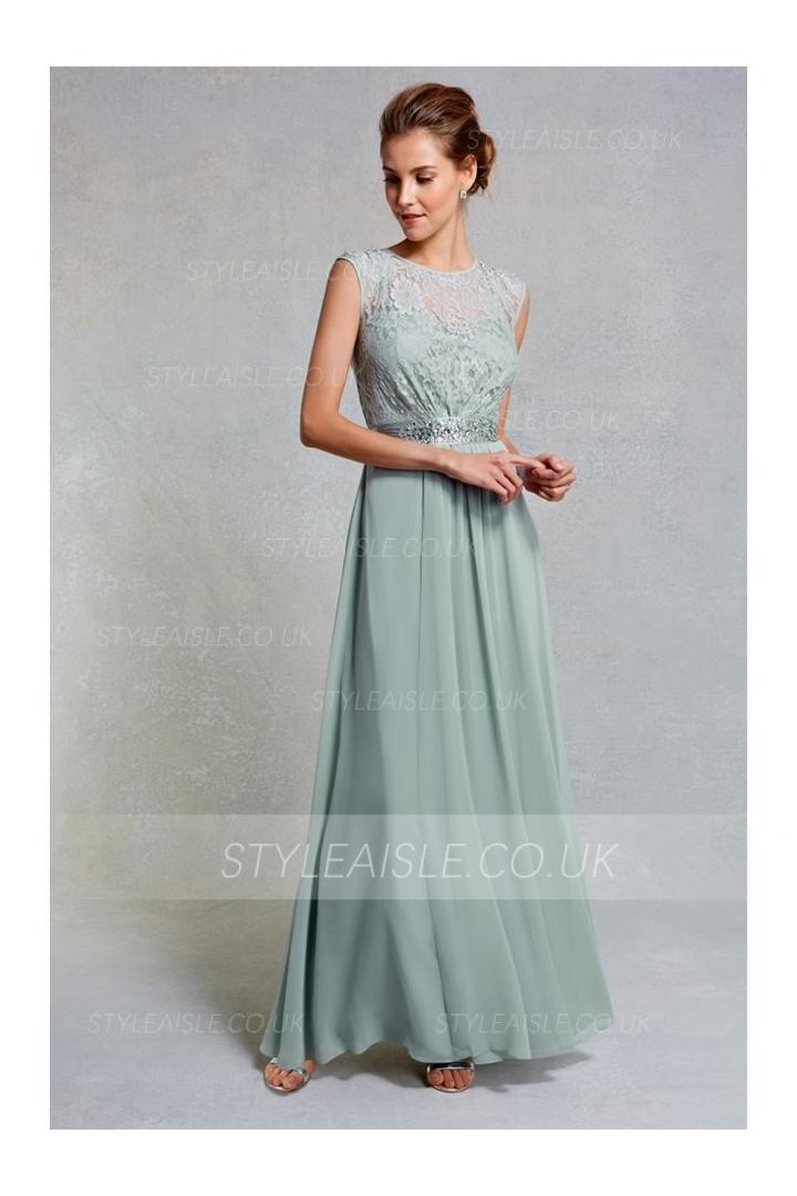 Muted Mint Cream Scoop Neck Floral Lace Bodice Sleeveless A-line Long Chiffon Bridesmaid Dress 