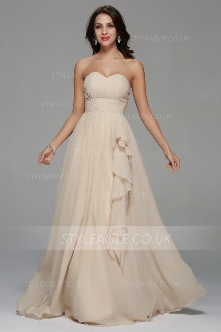 Strapless Sweetheart Long A-line Ruching Chiffon Junior Prom Dress 