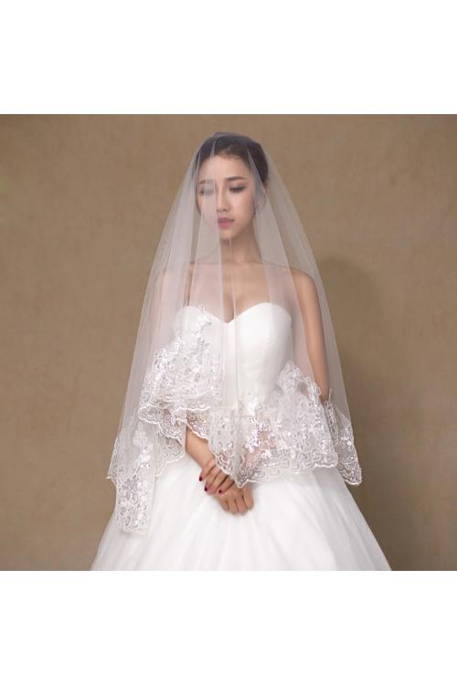 Charming Ivory One-Tier Sequins Lace Tulle Wedding Veils