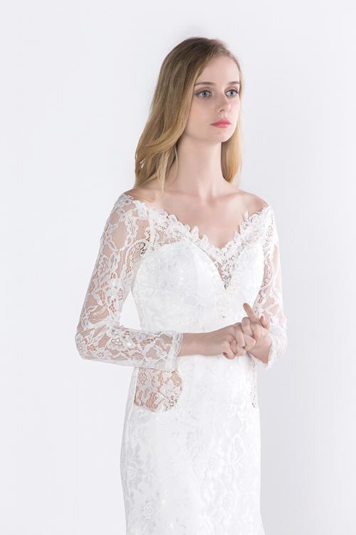 White V Neck A-line Long Sleeve Lace Wedding Dress 