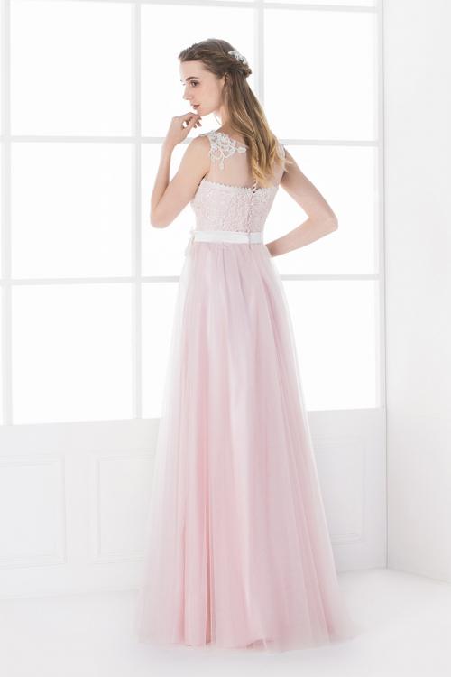 Lace Appliqued Illusion Neck A-line Pink Tulle Bridesmaid Dress with Ribbon 