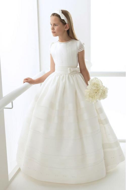 Short Sleeves Long Ball Gown Ivory Organza Holy Organza Communion Dress with Bow