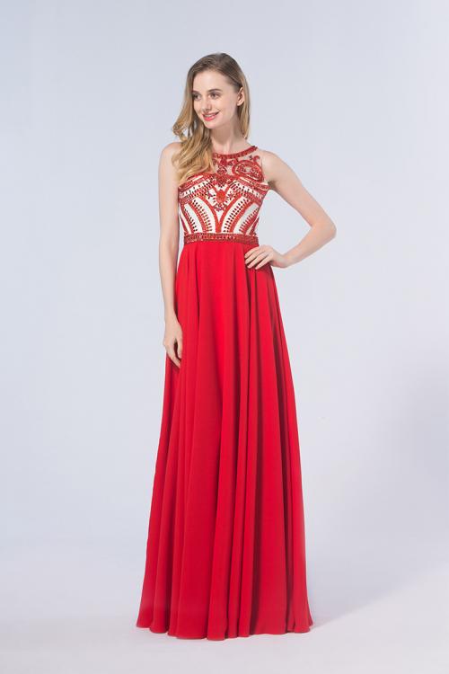 Sparklly Beading A-line Sleeveless Long Red Chiffon Prom Dress 