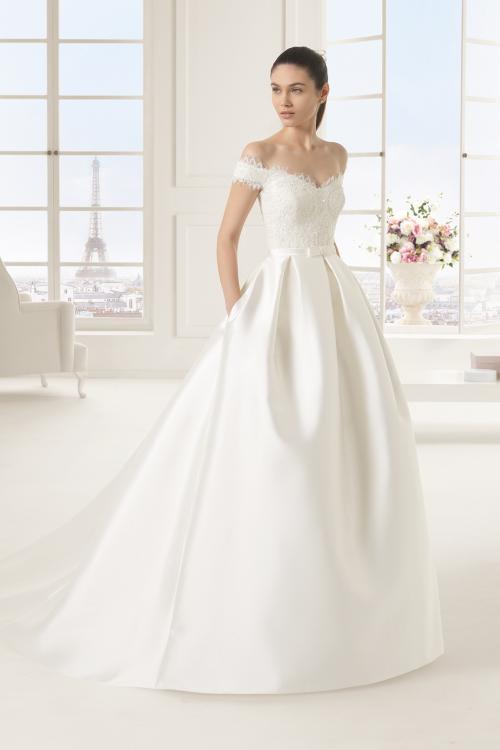 Off-the-shoulder Lace Bodice Ball Gown Satin Wedding Dress with Bow 