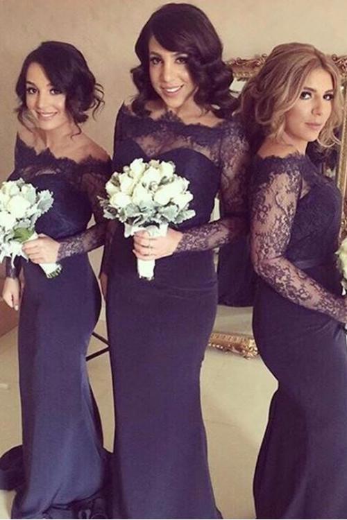 Off Shoulder Long Sleeve Lace Top Trumpet Bridesmaid Dress 