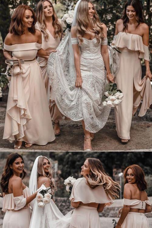 Off-the-shoulder & V-neck Split Floor-length Long Chiffon Bridesmaid Dresses with 3 Styles (A/B/C)