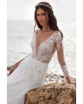  A-line V-neck Illusion 3/4 Length Sleeves Lace Appliques Sweep/Brush Train Long Tulle Wedding Dresses