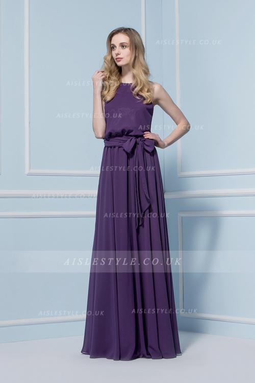 Halter Neck Purple Chiffon Sleeveless Bridesmaid Dress with Sash 