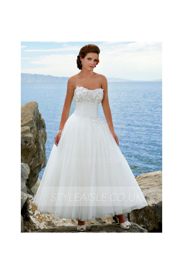 Beautiful Strapless Sweetheart Hand Made Flower Appliques Ball Gown Tea Length Tulle Wedding Dress 