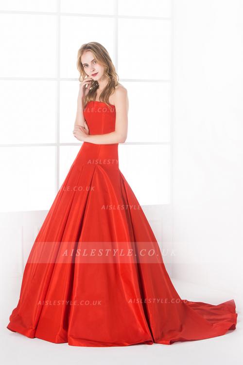 Chic Modern Long Strapless Pleated Orange Taffeta Ball Gown Prom Dress