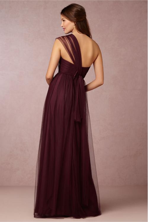 One Shoulder Burgundy Tulle Bridesmaid Dress with Crystal Ribbon 