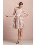 Bateau Neck Long Sleeved Lace Pattern Bridesmaid Dress with Bow Ribbon 